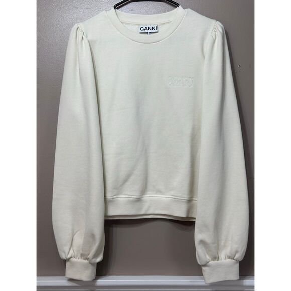 NWOT Ganni Puff Shoulder Cream Embroidered Logo Sweatshirt Sweater Women's L - Picture 2 of 11